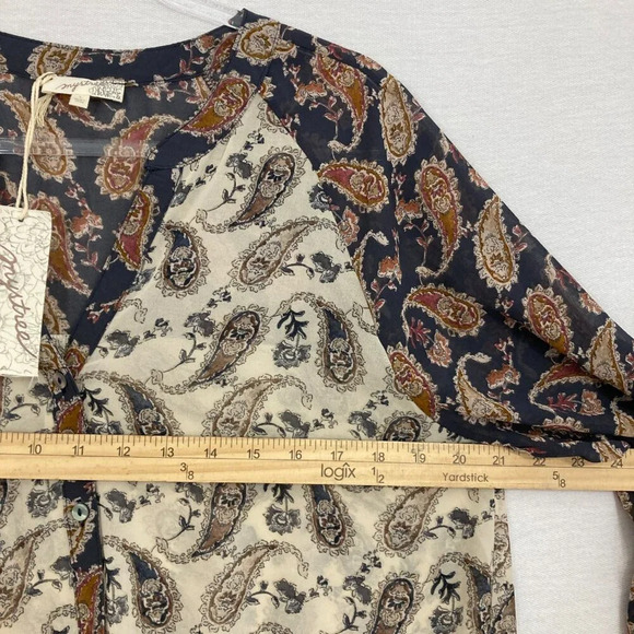 New Mystree Multi Color Paisley Tie Front Patchwork Boho Long Sleeve Top Large - Picture 7 of 10